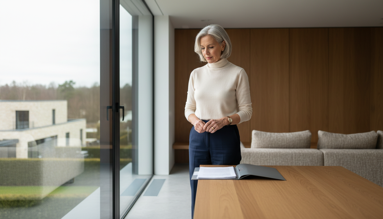 Enterbte Frau prüft Unterlagen in modernem Wohnhaus – Anspruch auf Auskunft und Transparenz im Pflichtteilsrecht